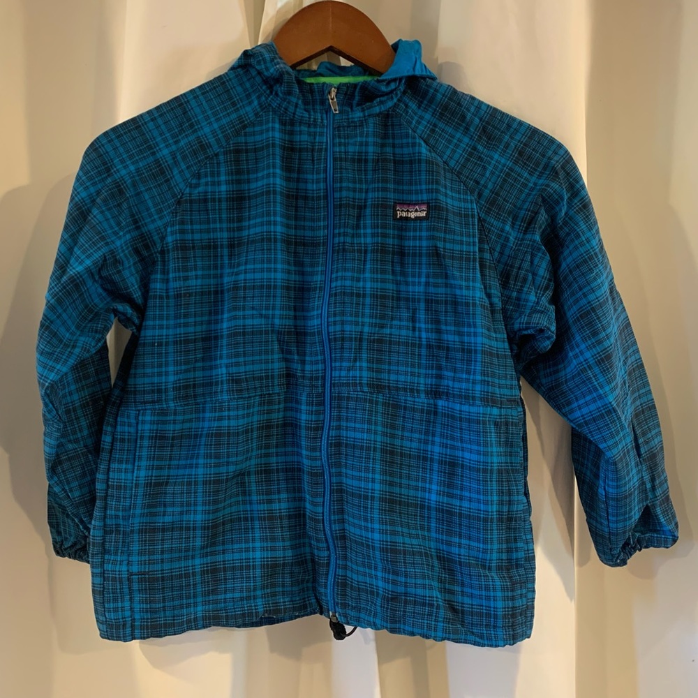 Kids Patagonia Jacket Hooded Blue Plaid Size 8 Long Sleeve Zip Front Nylon